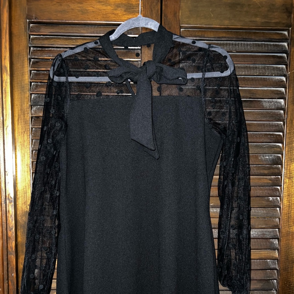 SHEIN black dress-polka dot chiffon sleeves and tie Knee length